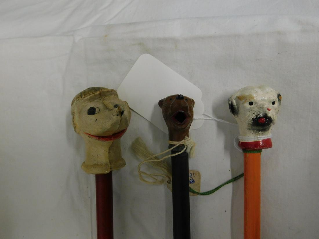 3 Animal Carnival Canes: Three Animal Carnival Canes, includes: painted cast metal bear head with open mouth from summit Beach Park, painted composition bull dog head, and a painted composition long nose dog with car, all wit