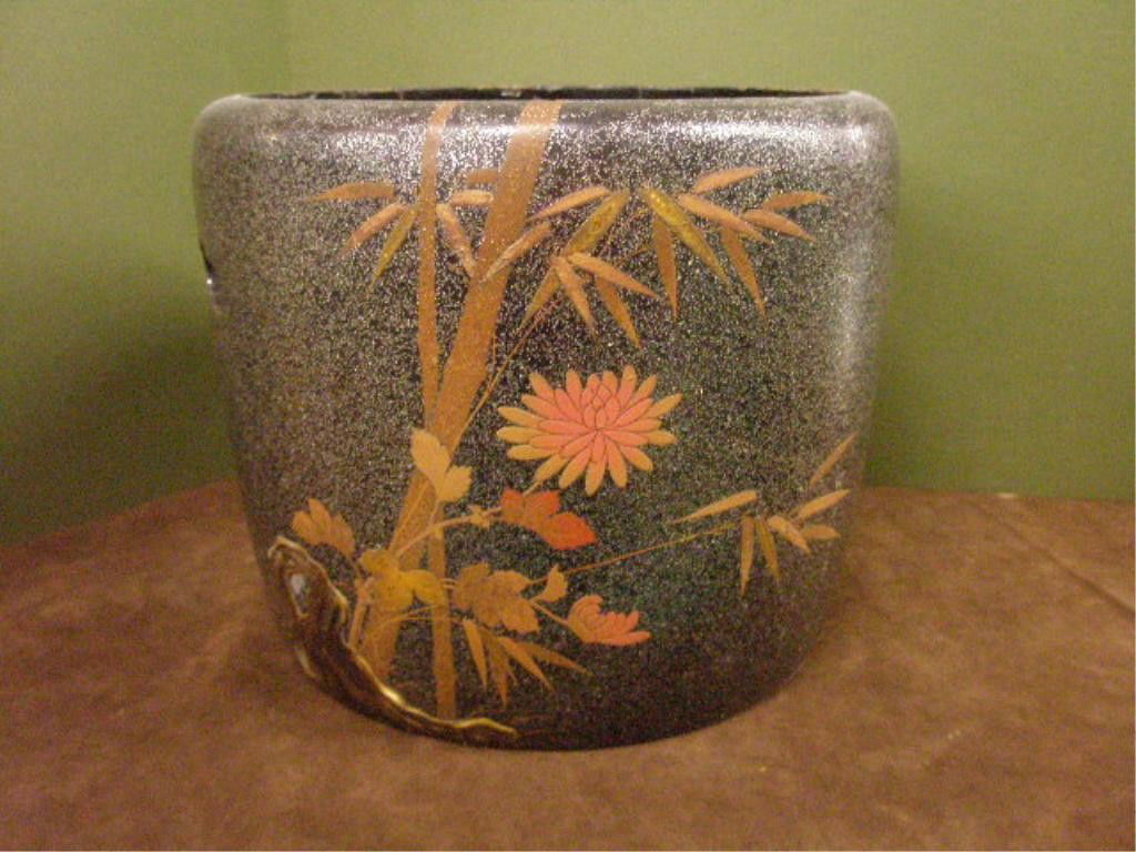 Chinese Lacquer Tea Ceremonial Charcoal Warmer: Chinese lacquer tea ceremonial charcoal warmer, with polychromed & gilt tree & fern design with rock embellished by abalone inlay, two cut out handles, brass liner, 19th C., 9 3/4" hgt., 11 3/4" diam.