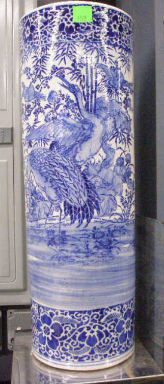 Chinese Blue & White Umbrella Stand: Chinese blue & white umbrella stand with cranes in a bamboo & dogwood garden, 19th C., 23 1/4" hgt, 8 1/2' diam.