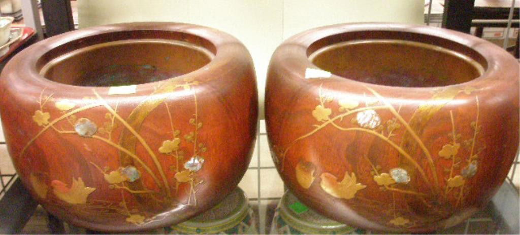Pr of Tea Ceremony Charcoal Warmers: Pair of tea ceremony charcoal warmers, hardwood with raised gilt enameling of trees & birds & abalone shell inlays, brass liners, 19th C., 14 1/2" diam., 8 1/2" hgt.