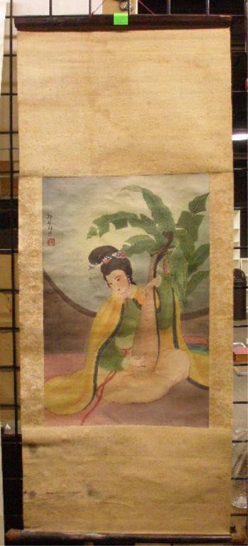 Chinese Scroll, Watercolor On Silk of Geisha: Chinese scroll, watercolor on silk of Geisha playing a stringed instrument, signed, silk border, 19th C., 18 1/4" x 45".