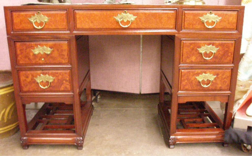 Chinese Rosewood Kneehole Desk: Chinese Rosewood kneehole desk, in three parts, burl wood drawer fronts, engraved brass batwing pulls, mid 20th C., 20" x 48" x 32".