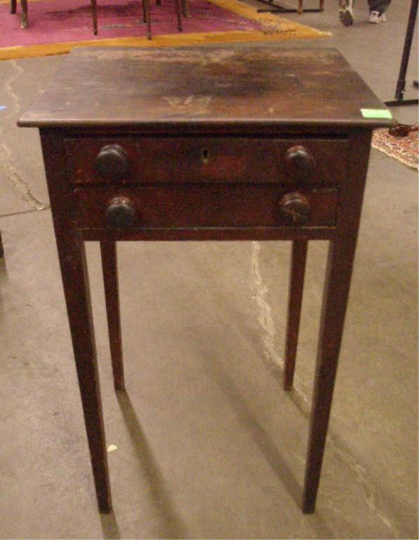 Hepplewhite Period Work Stand: Hepplewhite period work stand, mahogany, two drawers with wood pulls, tapered square legs, early 19th C., 15 1/4" x 17 1/4" x 28 1/2".