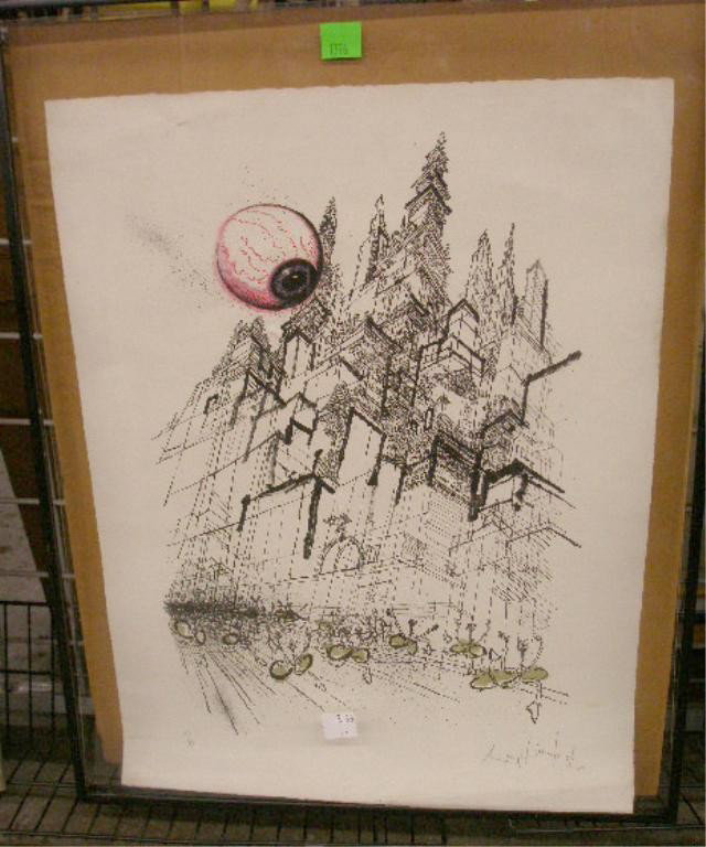 Surrealist Print, Cityscape: Signed indistinctly, print [18/99], Surrealist Cityscape. 26 x 19 1/2 = image 28 1/2 x 22 1/2 = frame