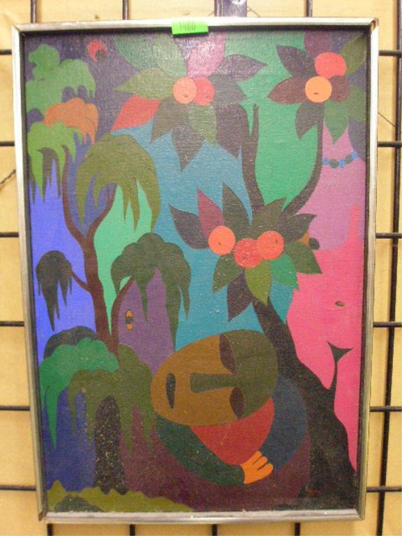 Chanez Foch, o/c, "Peace of Life": [Felix] Chanez Foch, [19]73 signed & dated oil on canvas, "Peace of Life" [Artist's inscription verso: "Con todo aprecio y carino, para la familia Castillo. / de / Yolands y Felix / New York, Dec. 197
