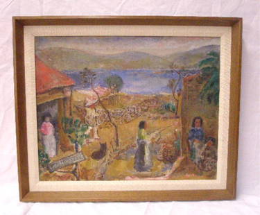 Ary Stillman, o/c, "Janitzio", 1940: [Ary] Stillman, signed, oil on canvas, "Janitzio, 1940" ["Mexican Village Scene"] [Several labels verso with title and date] 15 1/2 h x 19 1/2 w= image 19 1/4 h x 23 1/4w = frame [Provenance: Collecti