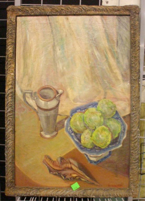 Jane C. Fischer, o/c, Still Life: Jane Cogshall Fischer, signed, oil on canvas, Still Life with green apples and seashell. 29 1/2"h x 19 1/2"w=image; 32 1/4"h x 22 3/4"w=frame.