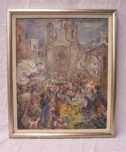 Ary Stillman, o/c, Market Scene, Mexico City 1940: Unsigned [Ary Stillman], oil on canvas, "Market Scene, Mexico City, 1940" [labels with title and date verso],23 1/2 x 19 1/2 = image 27 1/4 x 22 1/2 = frame [Provenance: Collection of the Stillman-Lac