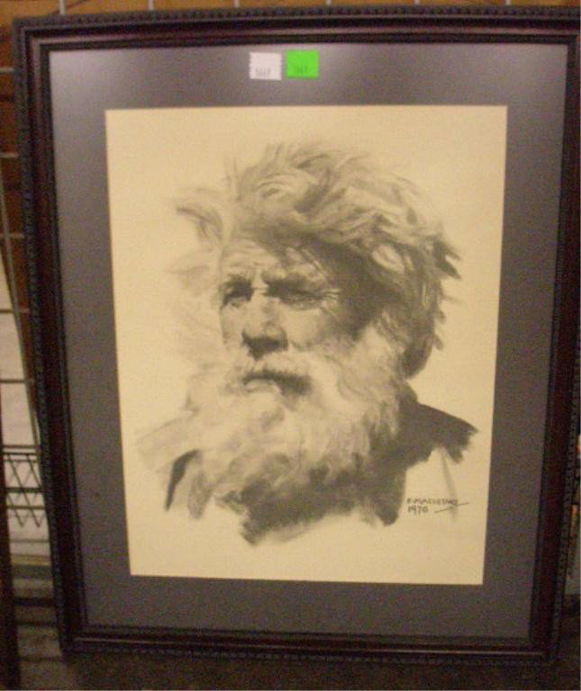 F. Machetanz, Crayon, Portrait of a Man: F. Machentanz, crayon, Portrait of a Man with Flowing Beard. 30 1/2 x 15 3/4 = image 28 1/4 x 23 1/4 = frame