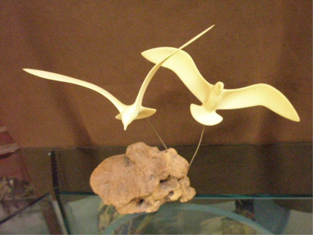 John Perry Seagull Sculpture: [John] Perry 73 signed driftwood and 2 plastic seagull sculpture on wires, approx. 13 1/2"h.