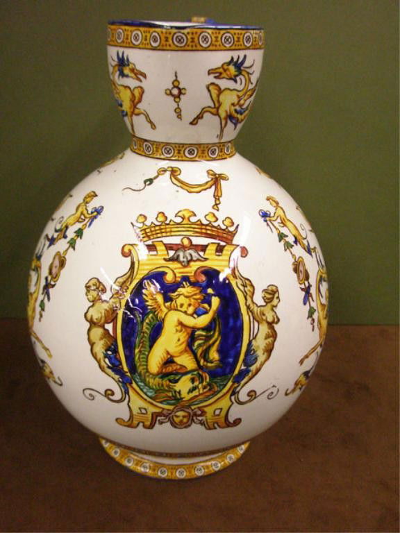 19th c. Gien Faience Pottery Pitcher: c.1871-1875 Gien French Faience pottery 10" pitcher, decorated with hand painted mythological figures & cherubs.