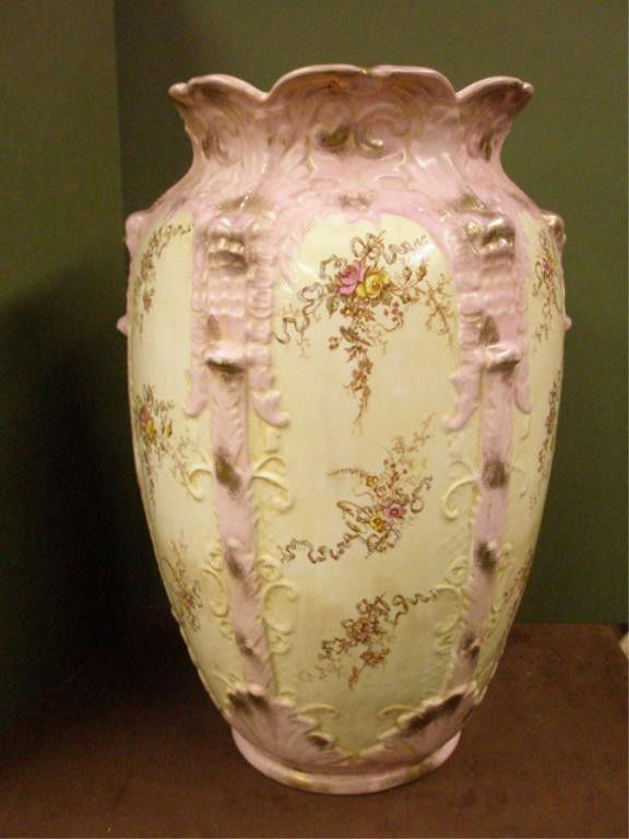 19th c. English Pottery Floor Vase: Late 19th c. B & M Co. English pottery 21 1/2" floor vase, with a transfer floral design.