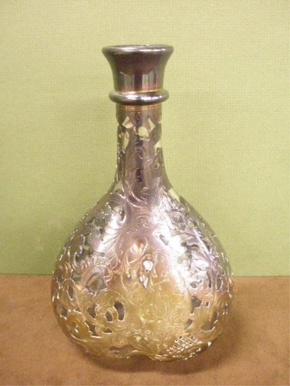 Gorham Silver Overlay Glass Decanter: Early 20th c. Gorham sterling silver overlay 8" crystal glass decanter.