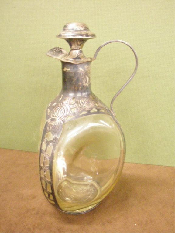 Silver Overlay Glass Whiskey Decanter: Vintage Haig's Whiskey 9 1/2" glass decanter with 925 Mexican sterling silver overlay & stopper.