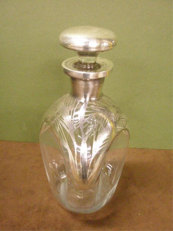 Silver Overlay Glass Pinch Decanter: Vintage sterling silver overlay 8 1/2" glass pinch decanter.