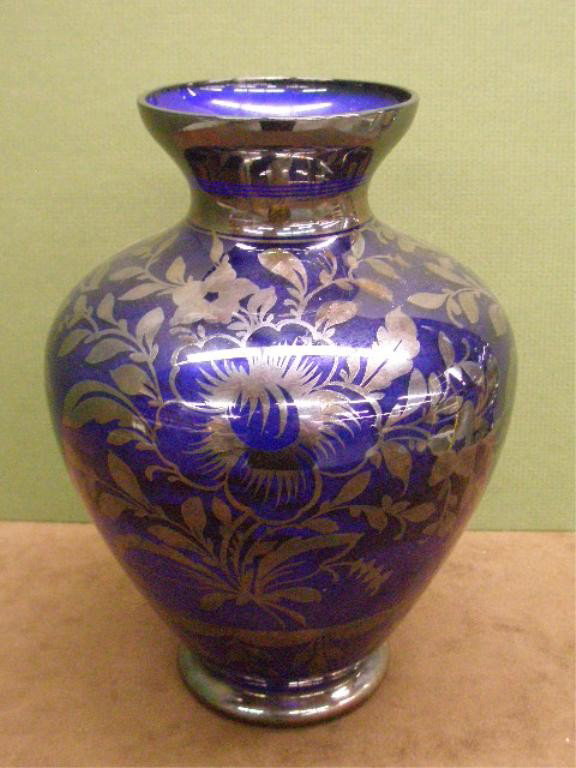 Silver Overlay Blue Glass Vase: Vintage sterling silver overlay cobalt blue glass 8 3/4" vase.