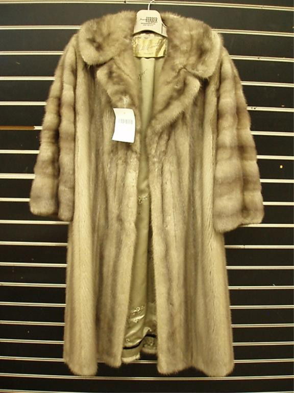 Full Length Silver Mink Coat: Full length silver mink coat, N.U. Rosenthal, Chicago Furriers, 43" length neck to hem, 18" across shoulders, leather belt, lining shows wear under arms, some pin marks & staining on scarf, no monogra