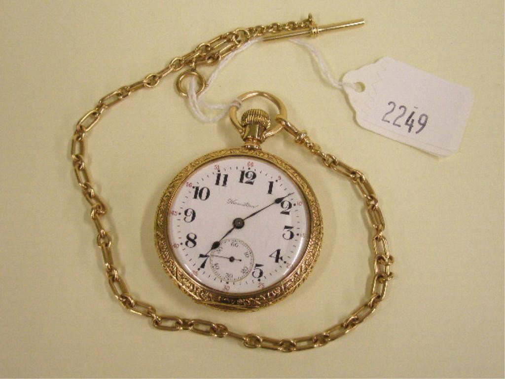 14k YG Hamilton 974 Special Pocket Watch & Chain: 14k yg Hamilton 974 special open face pocket watch & chain, 17 jewel adjusted (41mm) movement with engine turnings, model 974, serial # 1195855; stem wind, floral & scroll engraved case rim; 14k y gol