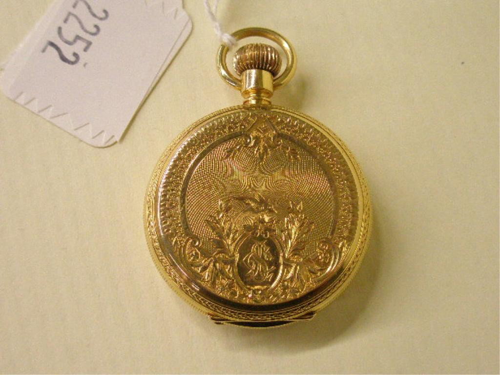 18k YG American Watch Co. Pocket Watch: 18k yg American Watch Co. pocket watch, lady's 1880 shield, floral, birds & engine turned engraved case, AW Co. Waltham, Mass. "Royal", #1181384. One side engraved "Edna Shute England, Nov. 27th, 1908