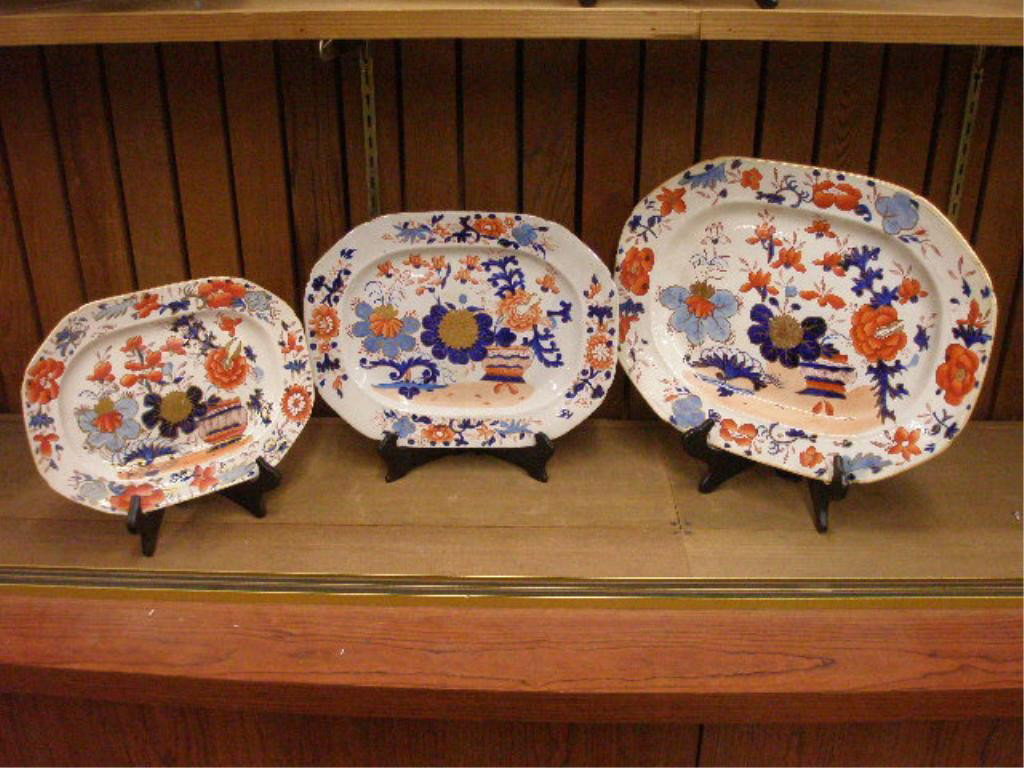 19th c. Masons Gaudy Ironstone Serving Platters: Set of three mid 19th c. Masons Gaudy Ironstone 9 1/4" x 12 1/2", 11 1/4" x 14 1/2" & 13 3/8" x 17 1/8" graduated size serving platters.