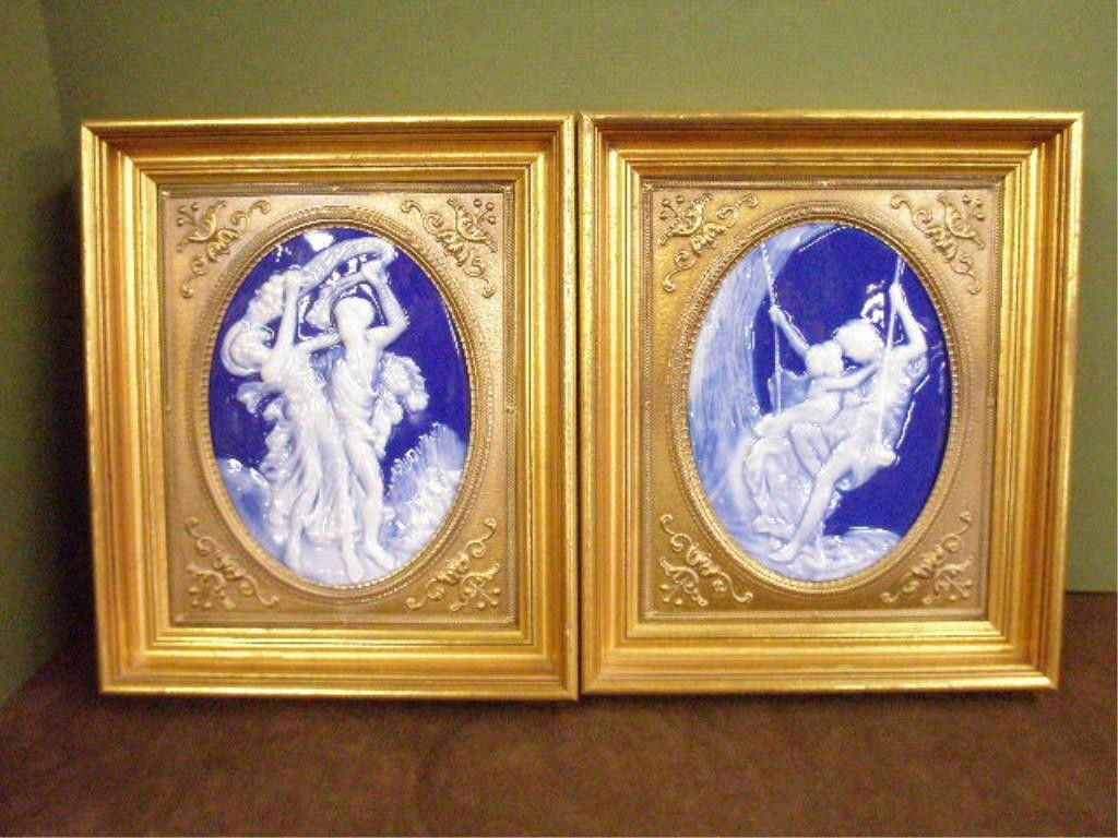 Limoges Pate Sur Pate Porcelain Plaques: Pair of Camille Tharaud Limoges pate sur pate porcelain 6" x 4 1/2" plaques, depicting courting scene couples, set into brass & gilt wood 8" x 9 1/2" frames.