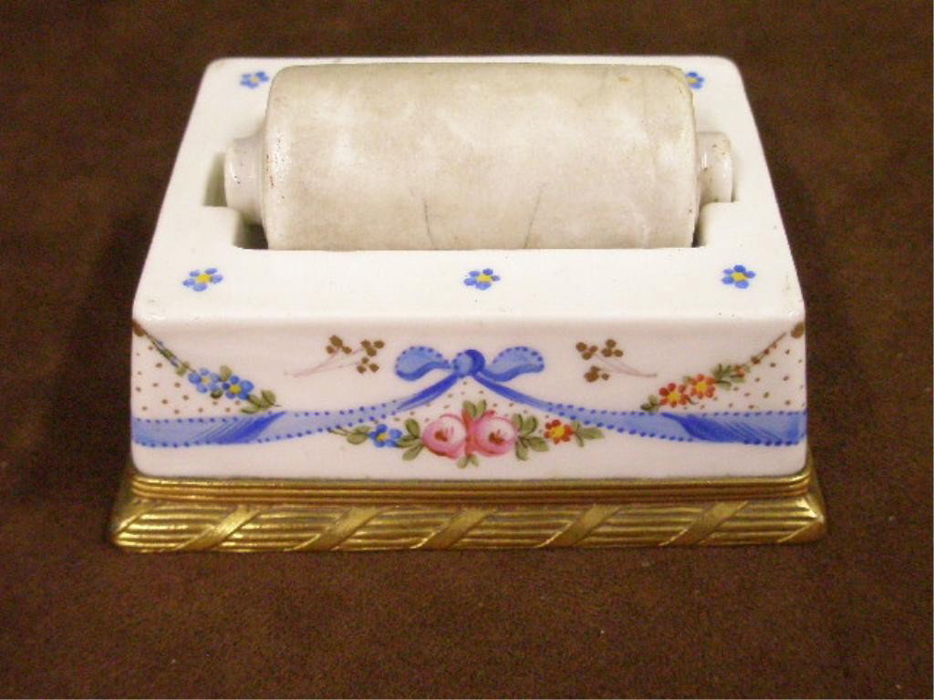 Sevres Porcelain Wet Type Roller: Sevres porcelain 4" x 3 1/4" x 2" wet type roller, hand painted ribbon & floral design, bronze base rim.
