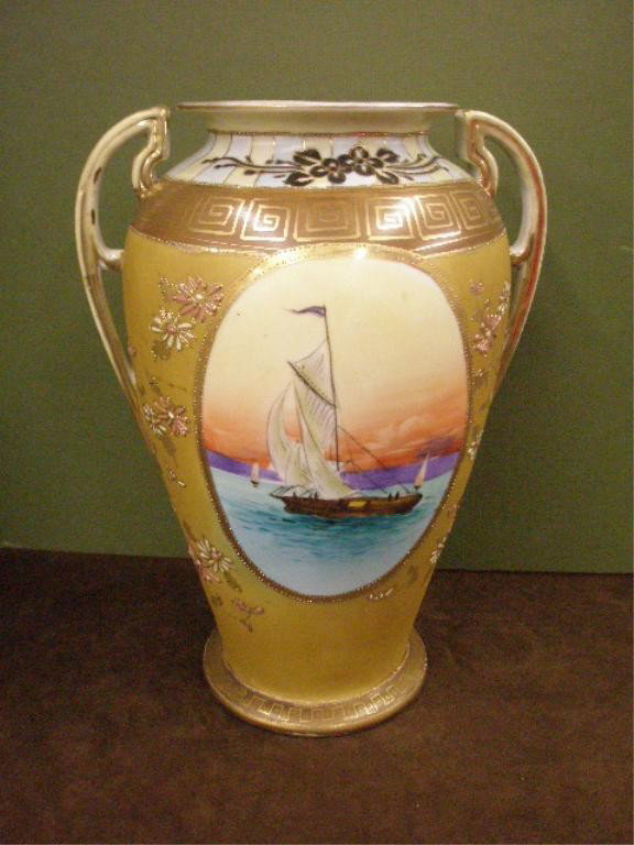 1930's Nippon Porcelain Vase: 1930's Nippon hand painted porcelain 12" double handle vase.
