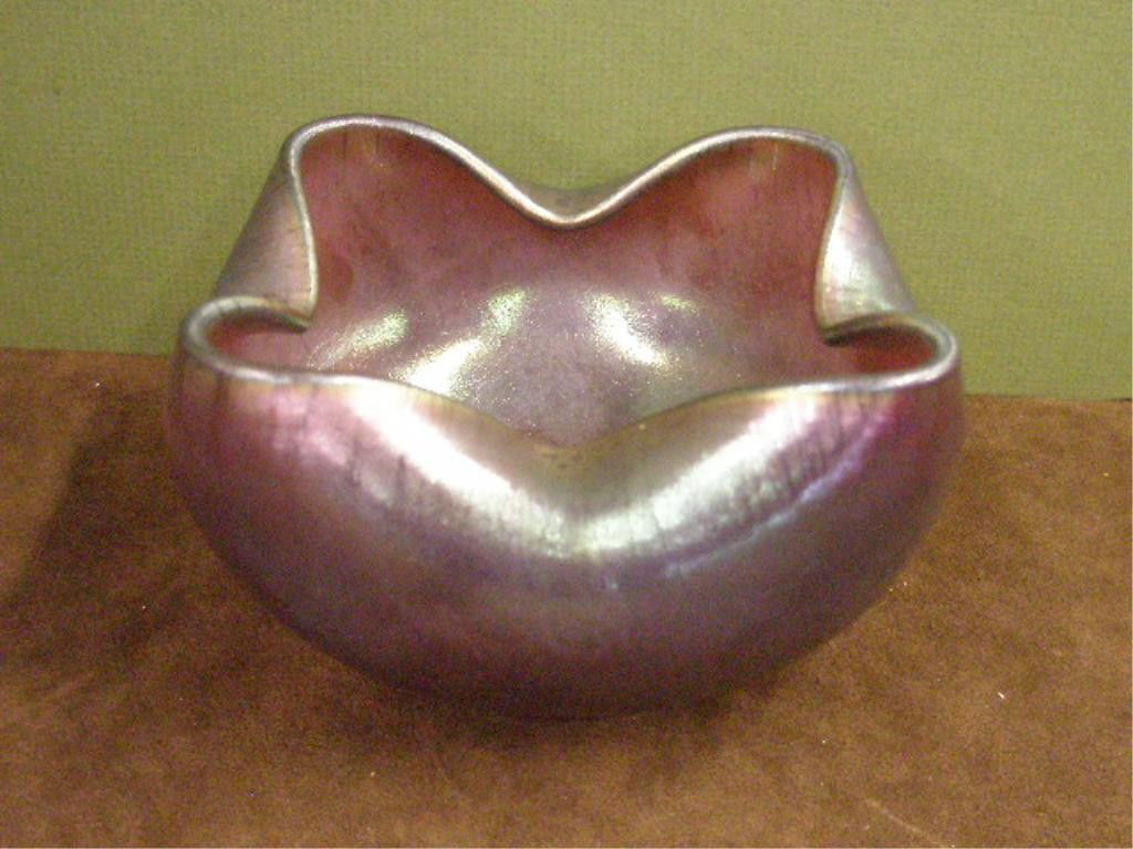 Loetz Art Glass Bowl: Loetz art glass 3 1/4" x 6" iridescent amethyst bowl with crimped top.