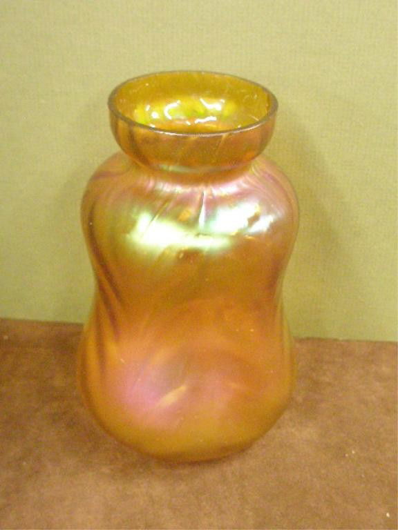 Loetz Art Glass Vase: Loetz art glass 5 3/4" iridescent gold vase with wavy design.