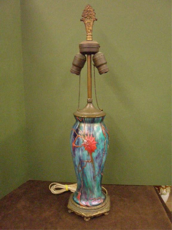 Loetz Art Glass Table Lamp: Loetz art glass 26" table lamp, mottled turquoise & purple glass with applied red & white glass line & rosette designs, glass portion size is 11 1/2".