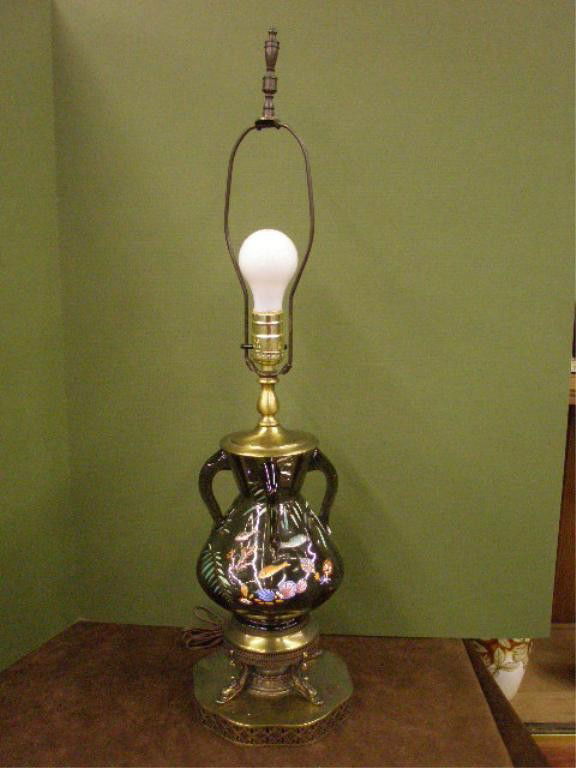 Moser Style Glass Vasiform Lamp: Late 19th c. Moser style smoke glass vasiform 25" table lamp, 8" glass portion with enameled fish, shell & leaf designs, dolphin heads on brass base.