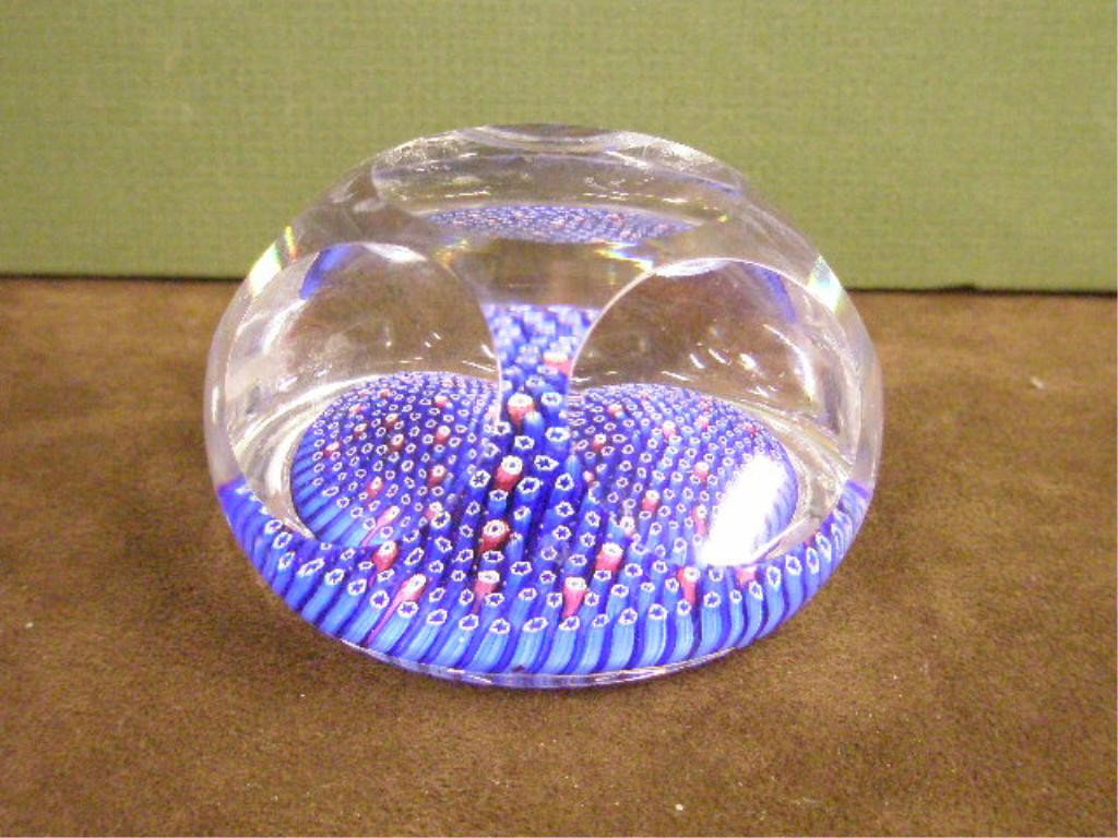 Whitefriars Glass Paperweight: c. 1960's-1970's Whitefriars faceted clear glass 2 3/4" paperweight with red, white & blue Millifori canes.