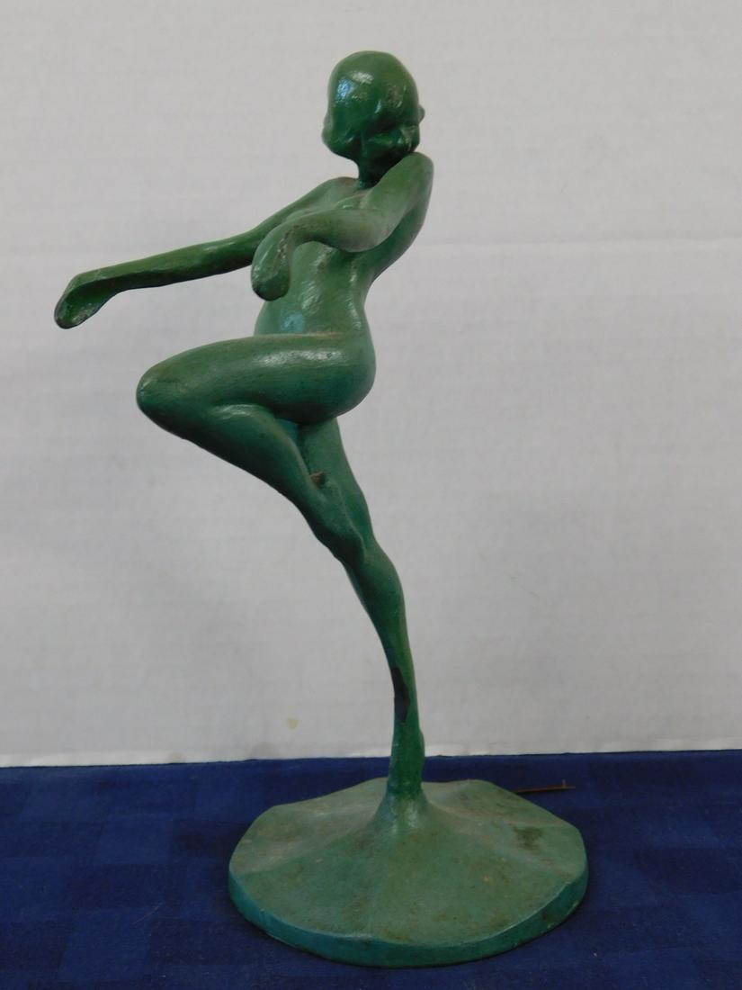 Frankart Art Deco Flower Holder: Art Deco Flower Holder, Frankart, green patinated metal, standing female nude, 10"h. [5a] CONDITION: Very good, light wear.