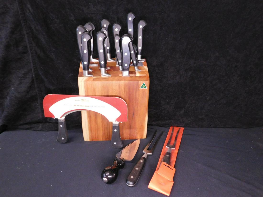 Italian Cutlery: Italian Cutlery, eighteen pieces includes: Montana, Melinox cutlery, clever, sharpener, forks, mincing knife, etc. plus Inox David serrated cheese knife; Alexander cheese knife and a Peer Sorensen Woo
