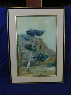 (Toshiharu) Kitagawa Painting: (Toshiharu) Kitagawa Painting, Japan / America, 1942 - 2003, postwar contemporary artist, signed lower left 1965, oil on canvas, landscape with tree, sight 24" x 16", canvas and gilt wood frame 30" x