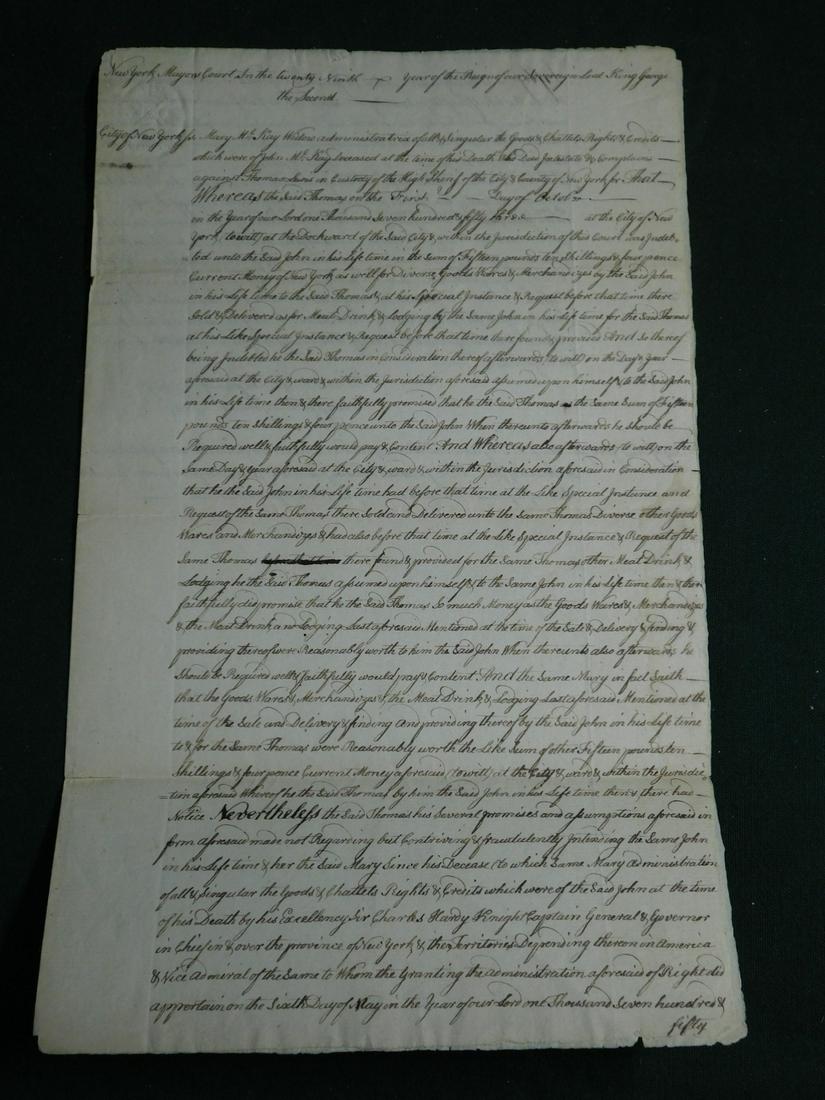 1757 Fund Document: 1757 Fund Document, hand written in ink on paper, N.Y. Mayor's Court from Mary and John Kay to Thomas Lewis. CONDITION: Light soiling, folds, edge wear.