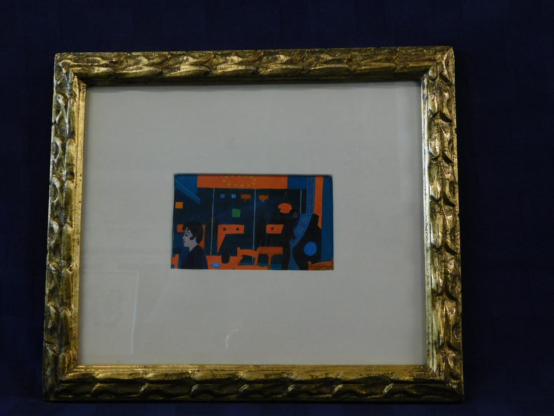 Jean Hugo Gouache Painting: Jean Hugo Gouache Painting, French 1894-1984, signed lower right, gouache on paper, figures in a silk mat in gilt frame, 10 3/4" x 12 1/2", Makler Gallery label on verso. CONDITION: Very fine. Not exa