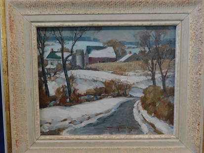 Arthur Meltzer Painting: Arthur Meltzer Painting, American 1893-1989, oil on artist board, signed lower right, "Mennonite Road", snow farm / road landscape, verso with original descriptive signed card (1970), sight 8" x 10",