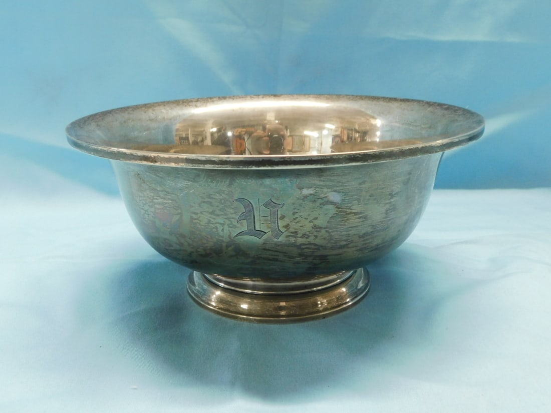Sterling Revere Bowl: Sterling Revere Bowl, Watson Co. No. 8050, monogrammed, 8"d, 3 3/4"h, 9.75 ozts. [20] CONDITION: Tarnished, a few light scratches.