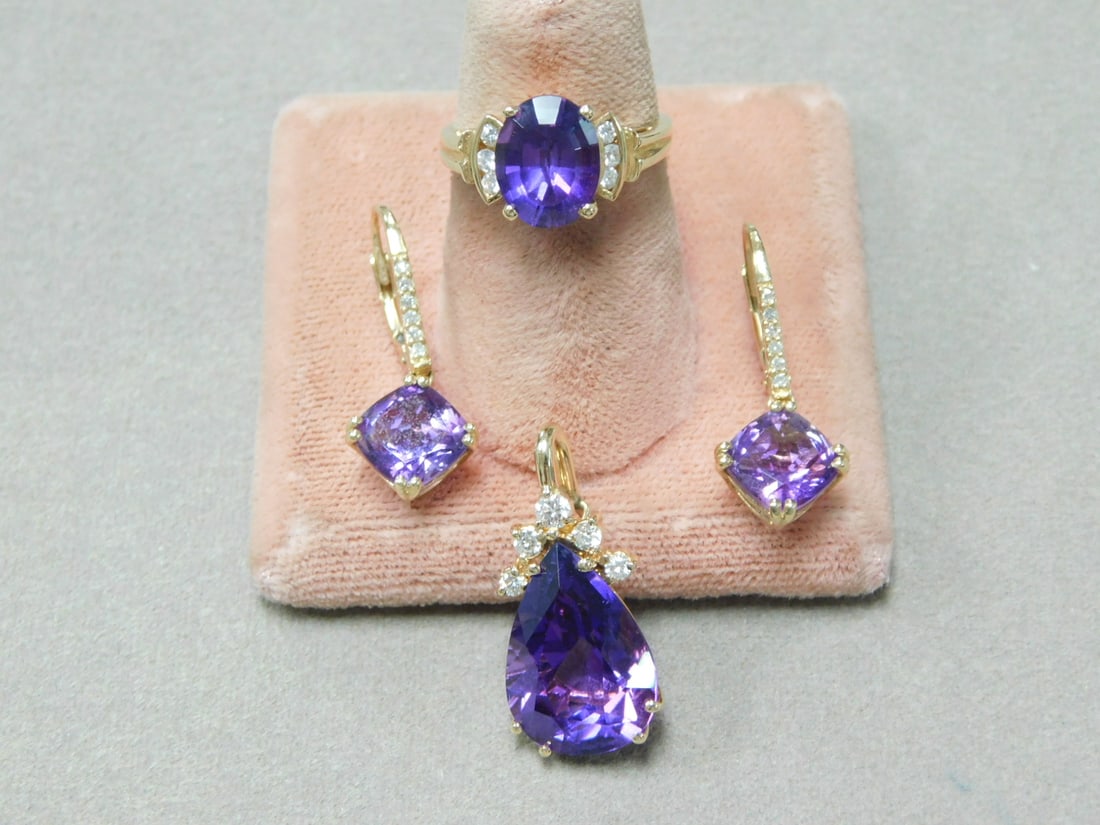 14k YG Amethyst & Diamond Parure, 4 Pcs (1 of 5)