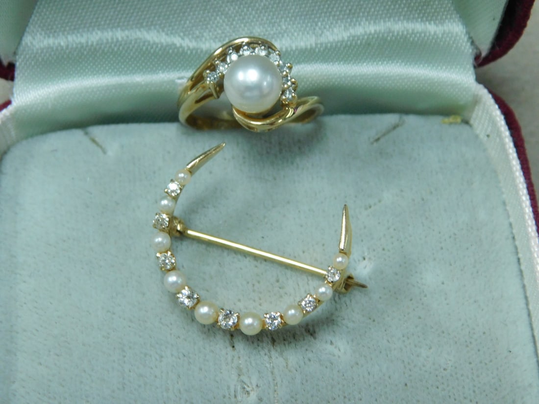 14k YG Pearl & Diamond Ring & Pin (1 of 3)