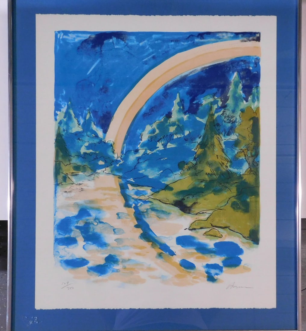 Forrest / Rainbow Lithograph: Forrest / Rainbow Lithograph, pencil signed illegibly lower right, 124 /250, paper laid down on poster board, sight 26" x 20"; metal frame 30 1/4" x 24". CONDITION: Very good. Not examined out of fram