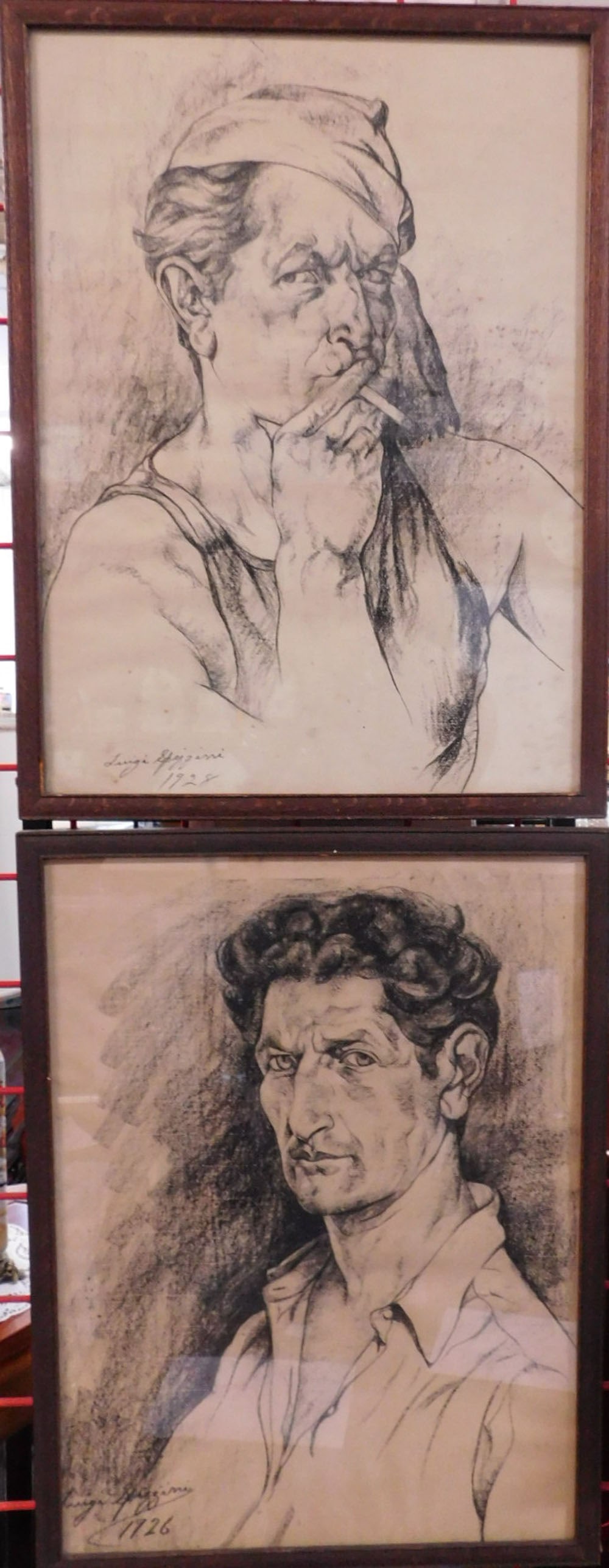 Pr Luigi Spizzirri Charcoal Drawings: Pair Luigi Spizzirri Charcoal Drawings, American 1894 signed and dated 1926 and 1928, includes: "Self Study" portrait of artist and "Drawing I", portrait of man with cap on paper in oak frames, both w