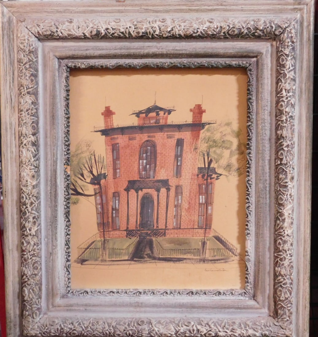 Francis Greenwood Dearden Water Color: Francis Greenwood Dearden Water Color, American 20th C, signed lower right, "Victorian House", sight 20" x 16 1/8", antique carved frame 31" x 27". CONDITION: Picture does not fit properly into frame,
