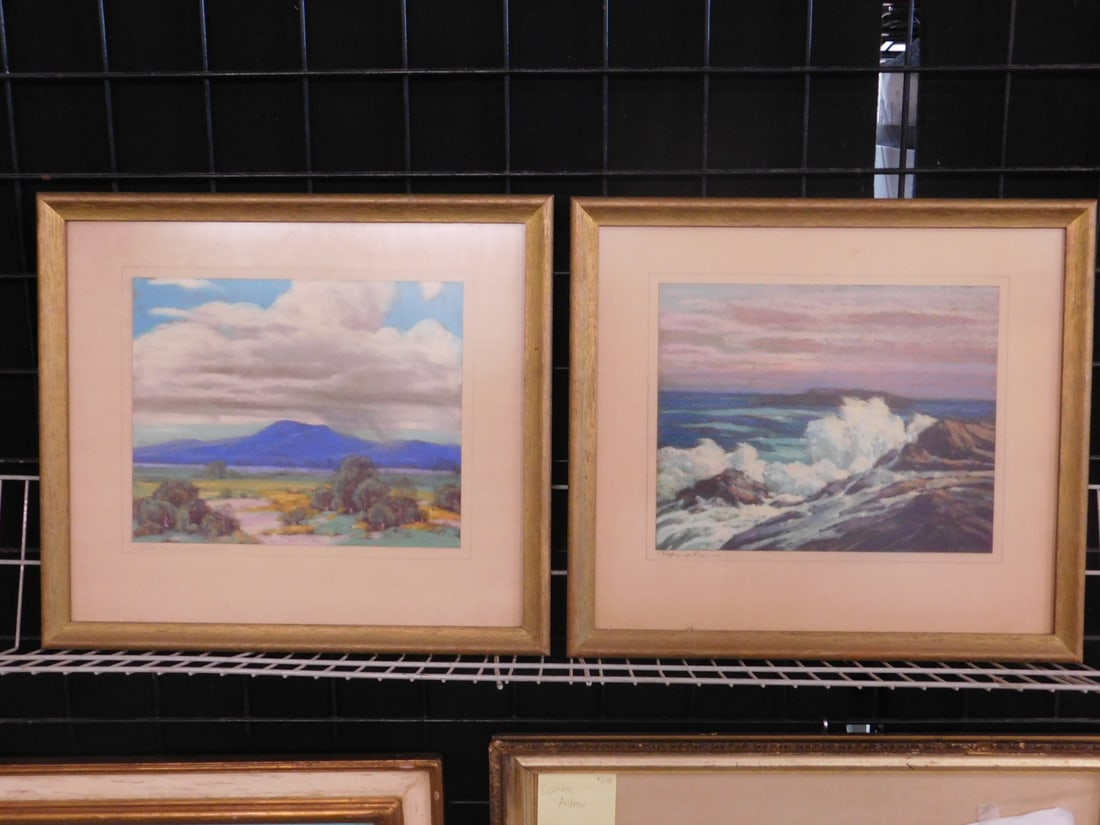 Pr Raymond Nott Pastels: Pair Raymond Nott Pastels, American 1888 - 1948, pencil signed on matts, "Mountain Landscape" and "Seascape", sight 9 3/4" x 12", matted in gold frames 16 1/2" x 18 1/2". CONDITION: Very good. Not exa