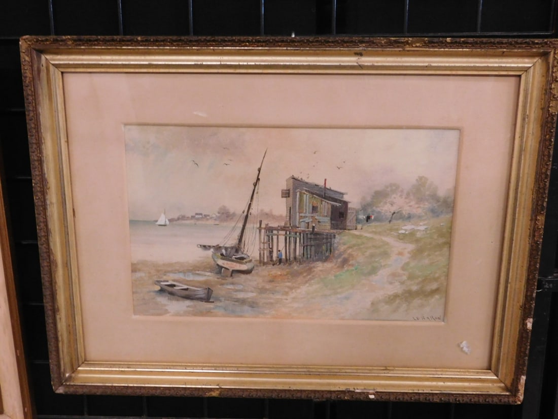 Le. Baron Watercolor: Le. Baron Watercolor, possibly Maice le Baron, American, lake with an old dock and beached boats, "Nancy", early 20th C, site 10" x 16 1/2", matted in carved and gilt frame, 19" x 25 1/2". CONDITION: 