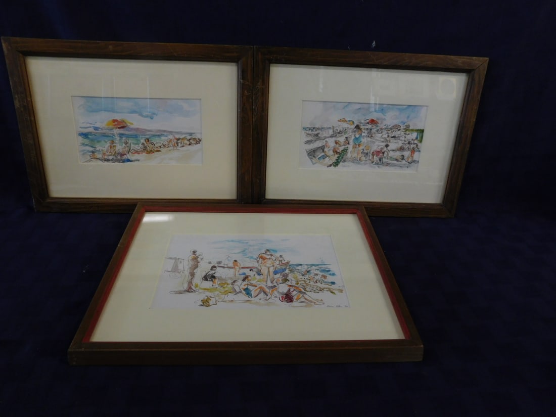 3 - S. Philip Cohn Paintings: Three- S. Philip Cohn Paintings,Phila. b - 1923; signed water colors on paper, all beach scenes with bathers, mid 20th C, approx. sight 4 1/2" x 8 1/2" matted in wood frames, approx. 11 1/2" x 15 1/2'