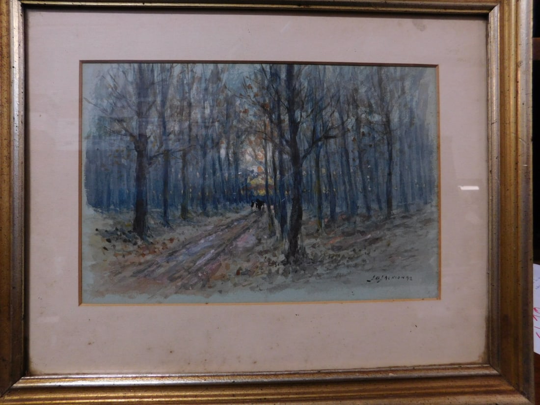 J. Jackson Landscape Watercolor: J. Jackson Landscape Watercolor, signed and dated,"92", road through the forest with horse and wagon, sight 7" x 10 1/2", matted in gilt wood, frame 12 1/2" x 15 1/2". CONDITION: Good. Not examined ou