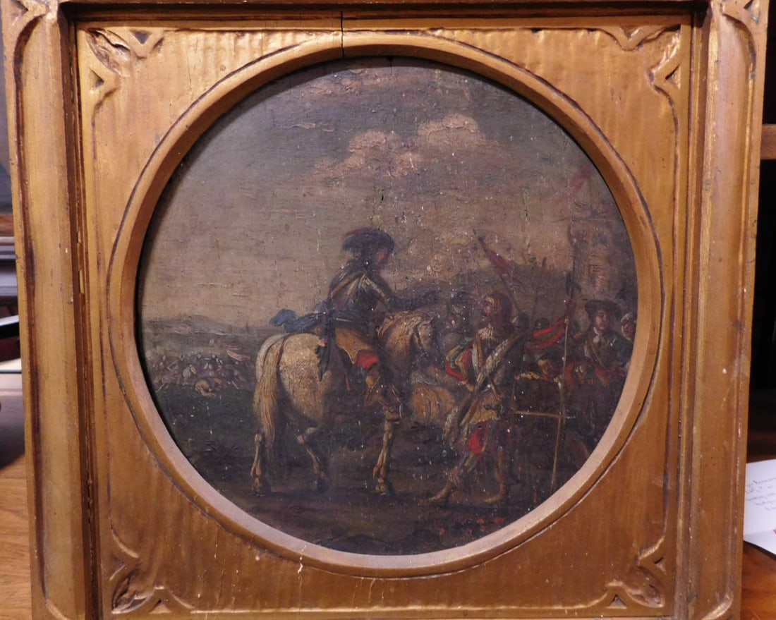 Antique Renaissance Army Painting: Antique Renaissance Army Painting, 17th /18th C ? oil on board of an Armored man on horseback, speaking with a King? and his weapon welding troops, a castle in the background, sight 9 3/4"d, carved wo