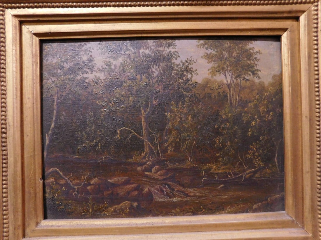 Antique Landscape Painting: Antique Landscape Painting, oil on panel. Forrest landscape with stream and rocks, 19th C., sight 6 1/8" x 8 1/8", carved and gilt deep frame, 13 3/4" x 15 3/4". CONDITION: Very good.